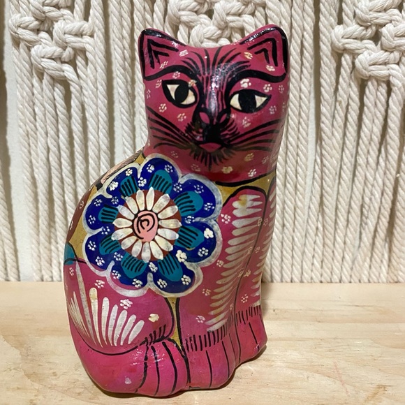 Vintage Cat Pottery Mexican Southwestern Hand Painted Decorative Statue Floral